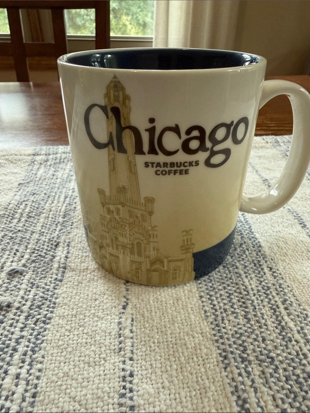 Starbucks Chicago Mug in White and Navy with Gold Accent